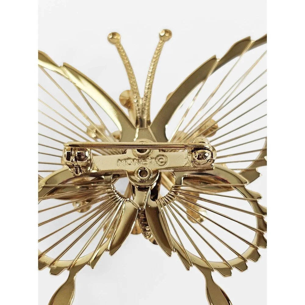 Vintage Monet Butterfly Brooch Pin Gold Tone Clear Rhinestones Open Wire